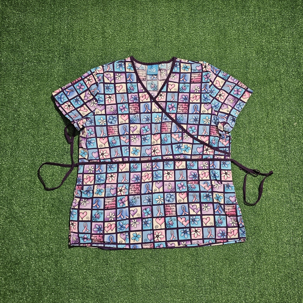 H.Q.Medical Wrap Scrub Top — Pink & Blue Floral Patchwork